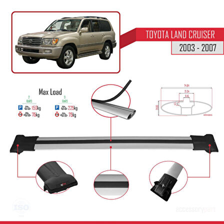 Toyota Land Cruiser (J100) 2003-2007 Arası ile Uyumlu FLY Model Ara Atkı Tavan Barı Gri 2 Adet