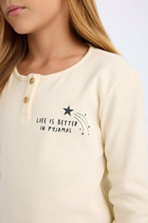 Kız Çocuk Regular Fit Fitilli Kaşkorse Baskılı Uzun Kollu Pijama Takımı