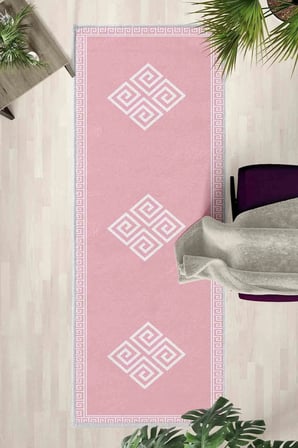Likya Pembe Beyaz Yıkanabilir Kaymaz Taban Dijital Baskılı Yolluk Halı
