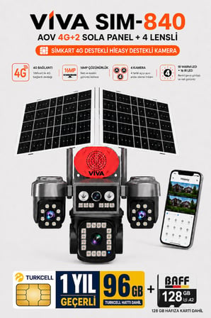 Sim-840 Çift Güneş Panelli 4G Sim Kartlı Kablosuz 4 Lensli Güvenlik Kamerası 16MP PTZ 96 GB İnternetli Sim Kart + 128 GB Hafıza Kartı Dahil