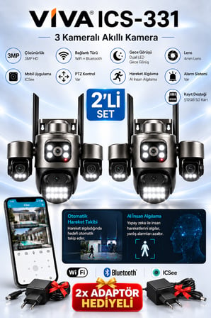 ICS-331 2'li Set 3 Kameralı Akıllı Dış Mekan PTZ WiFi Güvenlik Kamerası 3MP ICSee AI İnsan Takip Çift Yönlü Ses