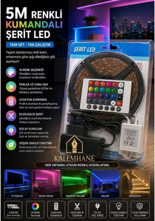 Kalemhane 5 Metre Şerit Led Kumandalı Adaptörlü