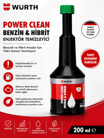 Würth Power Clean Benzin ve Hibrit Enjektör Temizleyici 200 ml | Yakıt Sistemi Temizleyici