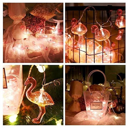PratikAI 10 lu Flamingo LED Işık Zinciri - 1,5 m, Pilli, Dekoratif ve Taşınabilir