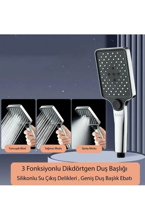 Aqua Kare 3 Fonksiyonlu Duş Başlığı , Siyah Duş Hortumu ve Siyah Mafsal Duş Seti