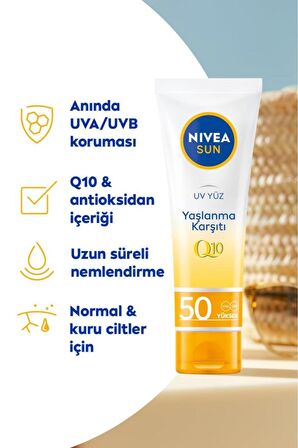 Nivea Sun Yaşlanma Karşıtı Yüz Kremi 50ml, Spf50, Yüksek Güneş Koruyucu, Kırışıklık Görünümü Engelleyici