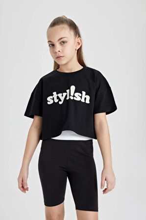 DeFacto Kız Çocuk Bisiklet Yaka Baskılı Crop Kısa Kollu Tişört B7181A824SMBK81