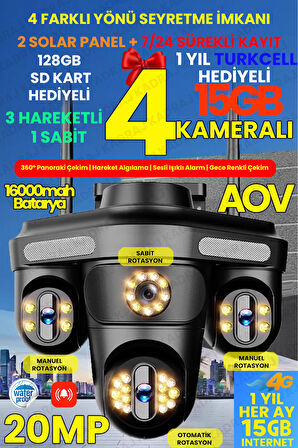 4 Kameraları 4G - eSim Solar Panelli, Her ay 15GB Turkcell 1 Yıl Hediyeli, 7/24 Kayıt Aov, Hareket A