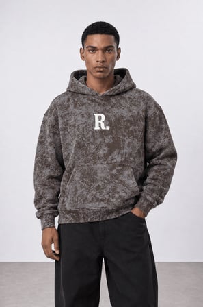 Erkek Revere Nakışlı Yıkamalı Oversize Hoodie Kahve