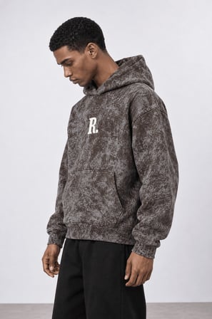 Erkek Revere Nakışlı Yıkamalı Oversize Hoodie Kahve