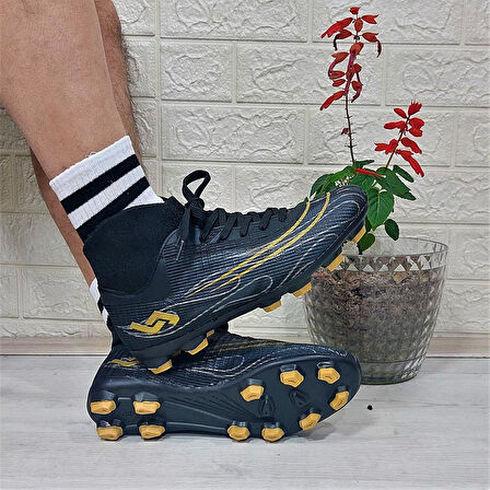 Jump 29676 Siyah-Altın Çoraplı Krampon Çimsaha Futbol Ayakkabı