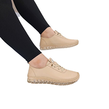 Voyager 9050 Bej Hakiki Deri Şeffaf Taban Kadın Ayakkabı