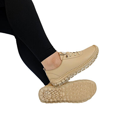 Voyager 9050 Bej Hakiki Deri Şeffaf Taban Kadın Ayakkabı