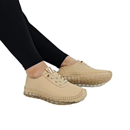 Voyager 9050 Bej Hakiki Deri Şeffaf Taban Kadın Ayakkabı