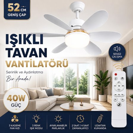 Işıklı Tavan Vantilatörü 52 Cm 40W Uzaktan Kumandalı 3 Kademeli Hız Ayarlı 3 Renk LED Işıklı Sessiz Çalışma Timer Özellikli