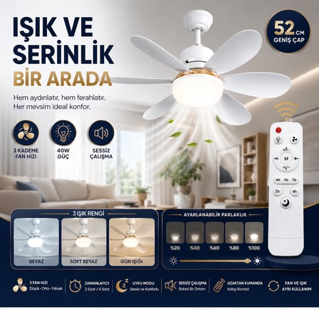 Işıklı Tavan Vantilatörü 52 Cm 40W Uzaktan Kumandalı 3 Kademeli Hız Ayarlı 3 Renk LED Işıklı Sessiz Çalışma Timer Özellikli