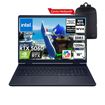 Dell Alienware 16 Aurora 7-240H 32-GBDDR5 2 TBSSD RTX5060 (8GB-GDDR7) 16" 2K WQXGA 120Hz Windows 11 Home + Sırt Çantası AC16250-C716156WHMF7