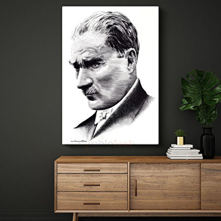 Nokta Çizim Atatürk - Beyaz Fonda Profil Kanvas Tablo