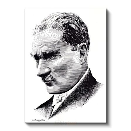 Nokta Çizim Atatürk - Beyaz Fonda Profil Kanvas Tablo