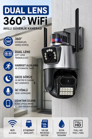 ARM-318 Dual Lens 6MP Çift Kameralı Akıllı WiFi Güvenlik Kamerası 360° Dönebilen Gece Görüşlü Dış Mekan IP Kamera