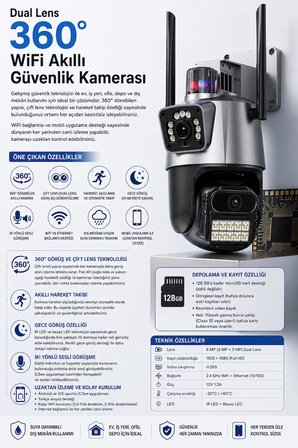 ARM-318 Dual Lens 6MP Çift Kameralı Akıllı WiFi Güvenlik Kamerası 360° Dönebilen Gece Görüşlü Dış Mekan IP Kamera