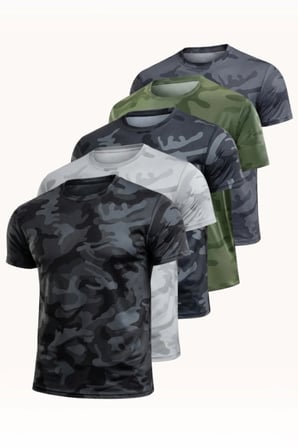 5'li Erkek Nem Emici Hızlı Kuruma Atletik Teknik Kamuflaj Desenli Spor T-shirt Siyah-Gri-Lacivert-Haki-Füme