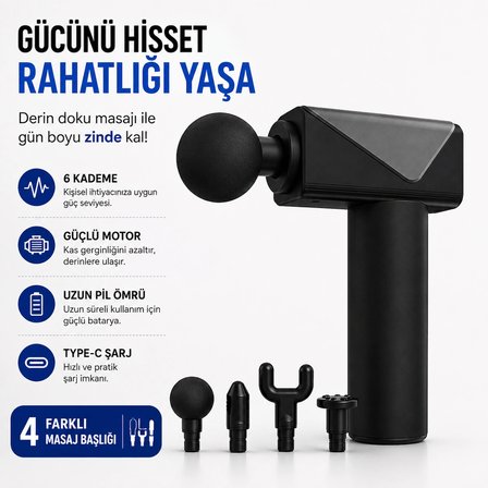 Şarjlı Masaj Tabancası 6 Kademeli Type-C Şarjlı Sessiz Kas Gevşetici Masaj Aleti 4 Başlıklı Derin Doku Masaj Cihazı
