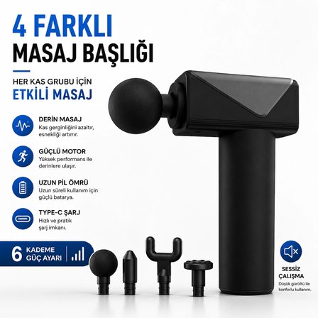 Şarjlı Masaj Tabancası 6 Kademeli Type-C Şarjlı Sessiz Kas Gevşetici Masaj Aleti 4 Başlıklı Derin Doku Masaj Cihazı