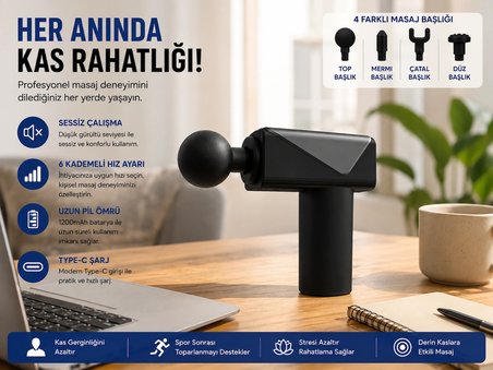 Şarjlı Masaj Tabancası 6 Kademeli Type-C Şarjlı Sessiz Kas Gevşetici Masaj Aleti 4 Başlıklı Derin Doku Masaj Cihazı