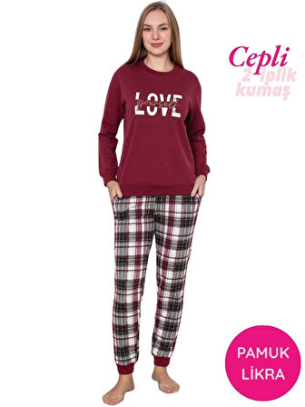 Kadın Bisiklet Yaka Bilek Manşet/Lastikli 2 İplik Pamuk Cepli Kışlık Jogger Eşofman Pijama Takımı