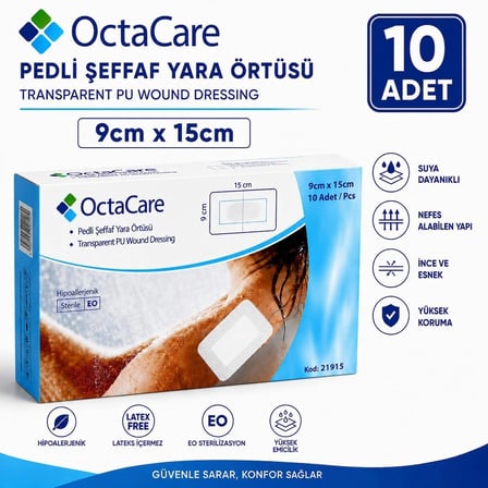 Octacare Su Geçirmez Pedli Şeffaf Pu Film Steril Yara Örtüsü Banyo Bandı 9cm×15cm (10 Adet)