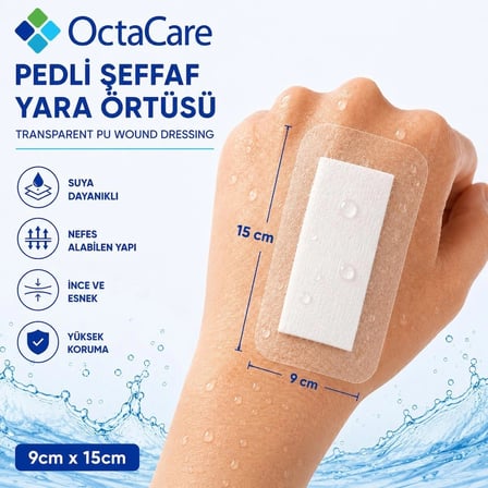 Octacare Su Geçirmez Pedli Şeffaf Pu Film Steril Yara Örtüsü Banyo Bandı 9cm×15cm (10 Adet)