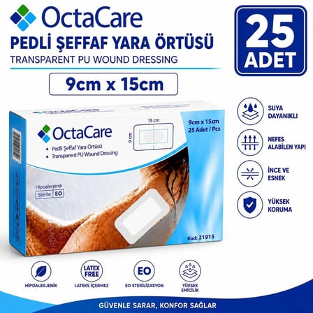 Octacare Su Geçirmez Pedli Şeffaf Pu Film Steril Yara Örtüsü Banyo Bandı 9cm×15cm (25 Adet)