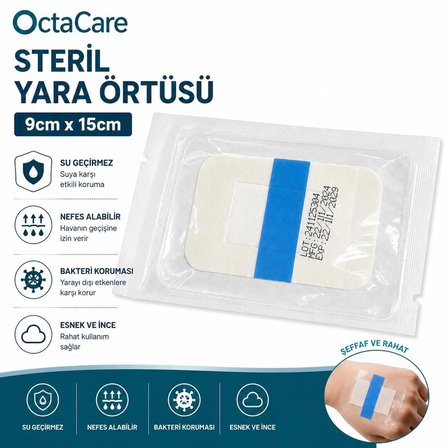 Octacare Su Geçirmez Pedli Şeffaf Pu Film Steril Yara Örtüsü Banyo Bandı 9cm×15cm (50 Adet)