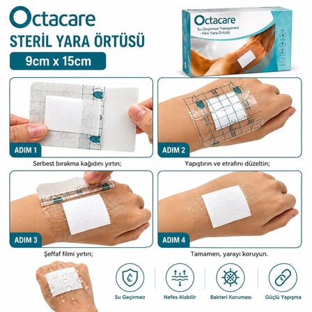 Octacare Su Geçirmez Pedli Şeffaf Pu Film Steril Yara Örtüsü Banyo Bandı 9cm×15cm (50 Adet)