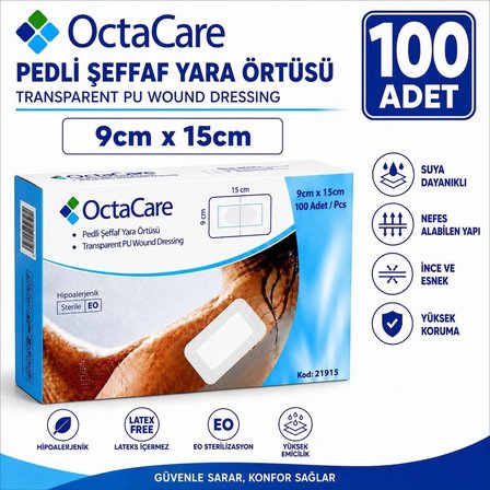 Octacare Su Geçirmez Pedli Şeffaf Pu Film Steril Yara Örtüsü Banyo Bandı 9cm×15cm (100 Adet)