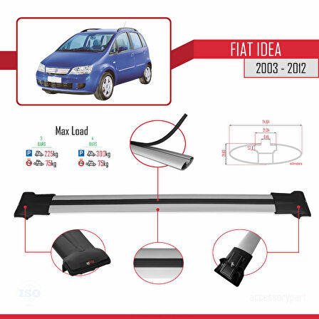 Fiat Idea 2003-2012 Arası ile Uyumlu FLY Model Ara Atkı Tavan Barı Gri 3 Adet