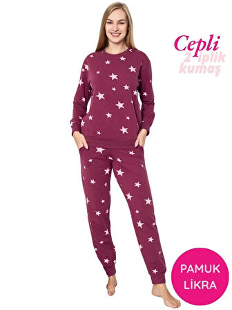 Kadın Bisiklet Yaka Düğmesiz Bilek Manşet/Lastikli 2 İplik Cepli Kışlık Jogger Eşofman Pijama Takımı