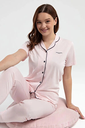 Modal Pamuklu Kısa Kol Gömlek Yaka Biyeli Kadın Pijama Takımı THCLVR.77.15.PC.VR