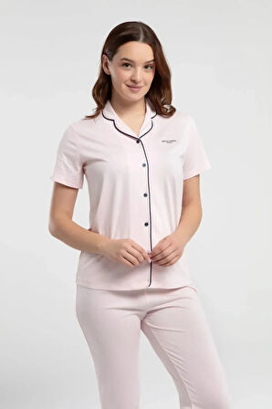 Modal Pamuklu Kısa Kol Gömlek Yaka Biyeli Kadın Pijama Takımı THCLVR.77.15.PC.VR