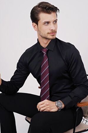 Gömlek Kravat Seti (Bordo Çizgili Kravat & Siyah Saten Slimfit Gömlek)