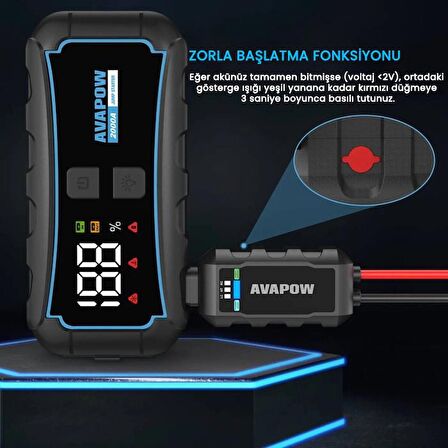 Avapow E5 Pro 12000mAh 2000A Jump Starter Taşınabilir Akü Takviye Kiti (Powerbank + LCD + LED Işık)  