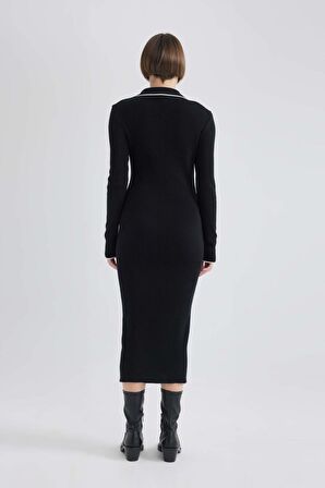 DeFacto Regular Fit Polo Yaka Yarım Fermuarlı Basic Düz Uzun Kollu Maxi Triko Elbise C1493AX24SPBK27