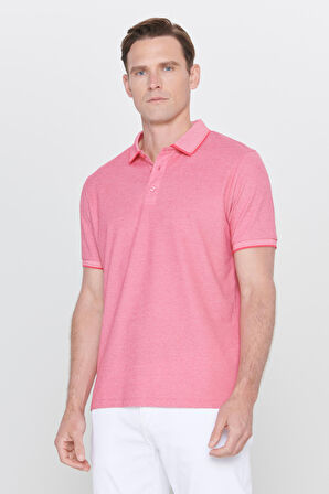 Erkek Çekmeyen Pamuklu Kumaş Slim Fit Dar Kesim Fuşya-Beyaz Kıvrılmaz Polo Yaka Tişört