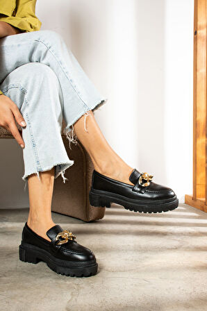 Günlük Kadın Loafer Klasik Kalın Tabanlı Zincirli Oval Burunlu Makosen Ayakkabı 400-420-430-440