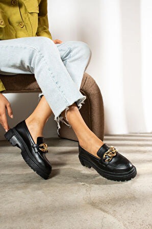 Günlük Kadın Loafer Klasik Kalın Tabanlı Zincirli Oval Burunlu Makosen Ayakkabı 400-420-430-440