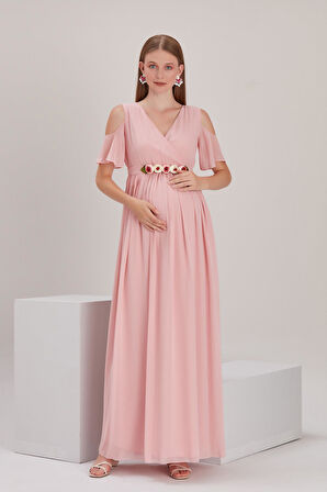 IŞŞIL 2919-Şakayık Kemer Baby Shower Şifon Elbise