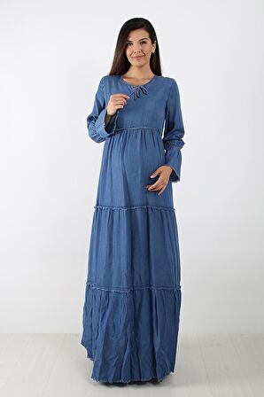 IŞŞIL 8466-TENCEL TİFTİZ MAXİ HAMİLE ELBİSE Mavi-M
