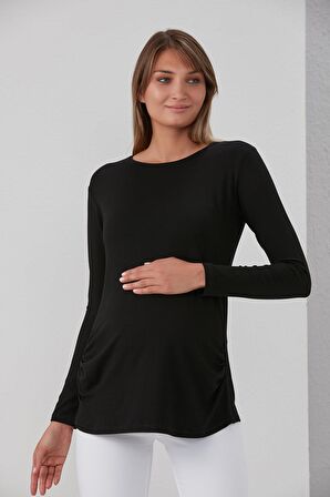 IŞŞIL 0362-Viskon Körüklü Düz Hamile Uzun Kol T-Shirt Siyah-S