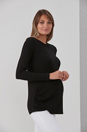 IŞŞIL 0362-Viskon Körüklü Düz Hamile Uzun Kol T-Shirt Siyah-S